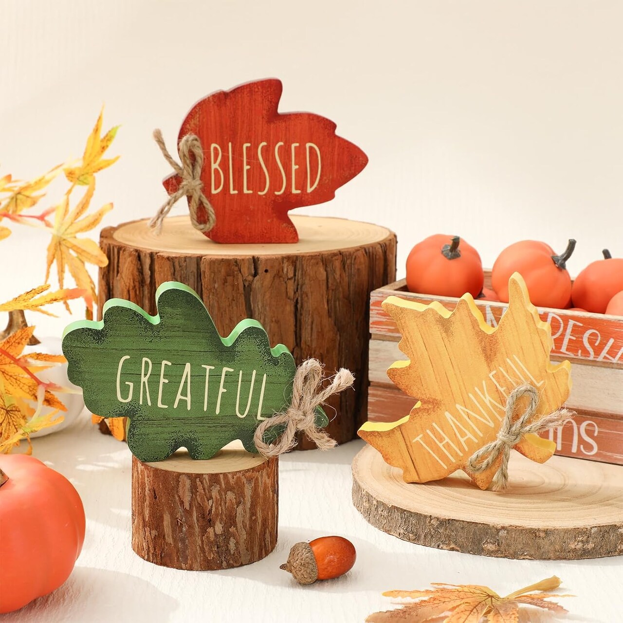 3PCS Fall Maple Leaf Wooden Table Signs – Rustic Thankful Grateful Blessed Thanksgiving Tiered Tray Decor for Autumn Home, Office, School & Farmhouse Centerpieces